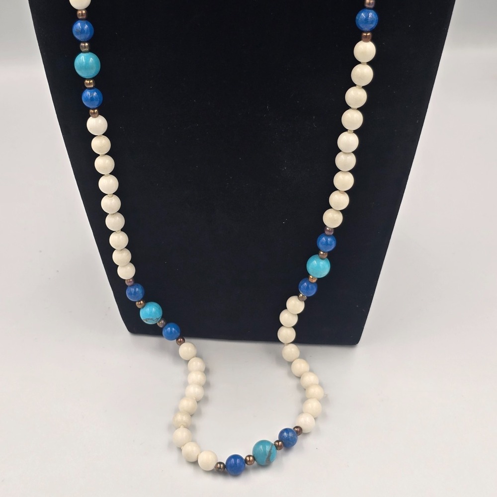Vintage Beaded Necklace Turquoise Lapis Lazuli Natural White Hetian Nephrite - Picture 3 of 12